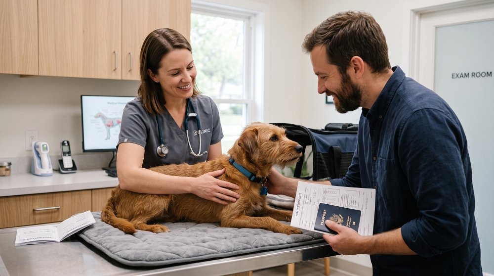 Dog receiving a health checkup and travel certificate at a vet clinic