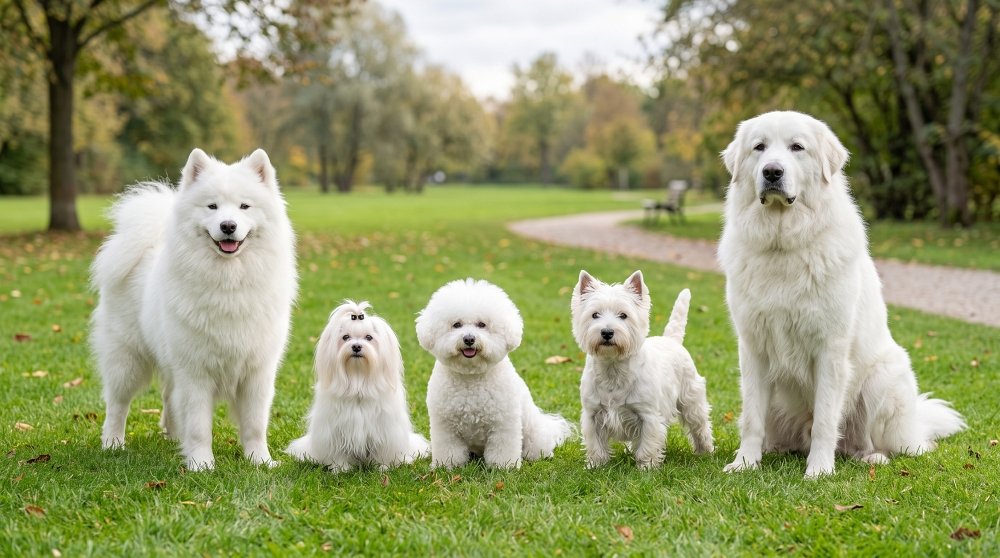 Five white dogs of various breeds and sizes sitting in a row on a green park lawn