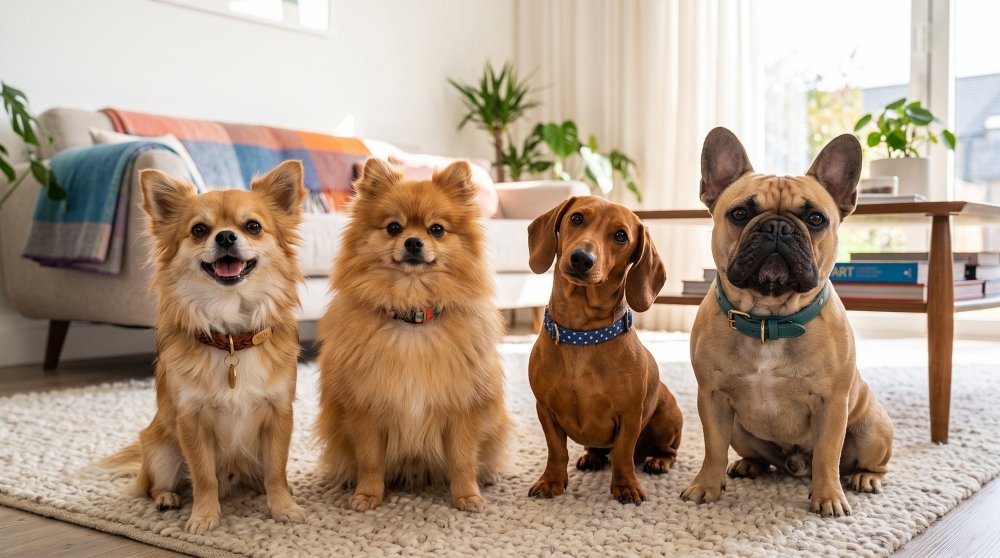 Four small dogs sitting in a row on a living room rug