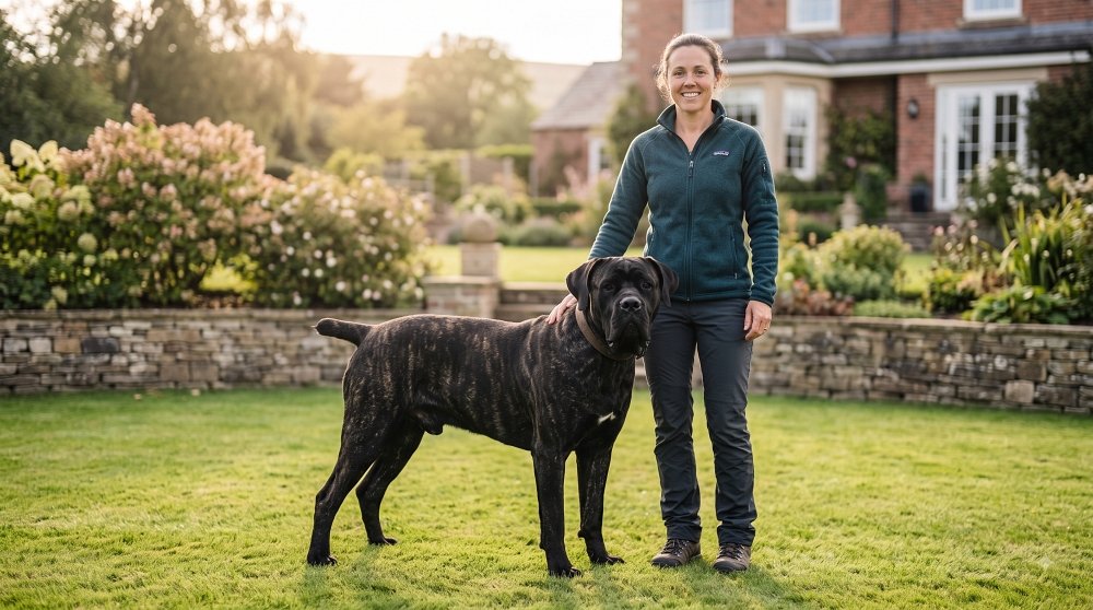 Full-body portrait of a woman with her brindle Cane Corso mastiff in a backyard
