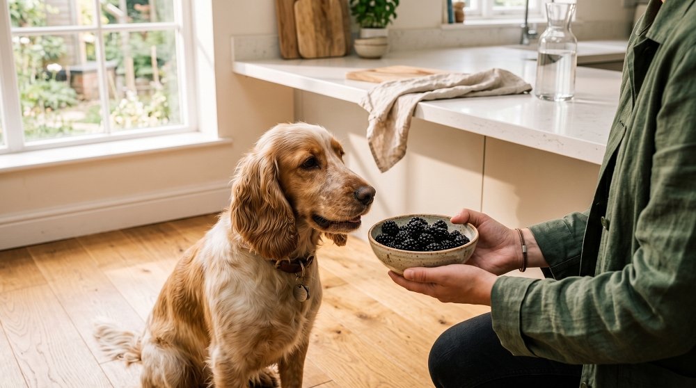 Golden Cocker Spaniel looking at a ceramic bowl of fresh blackberries