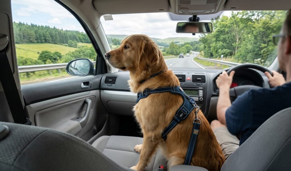 Golden Retriever in harness sitting in car passenger seat