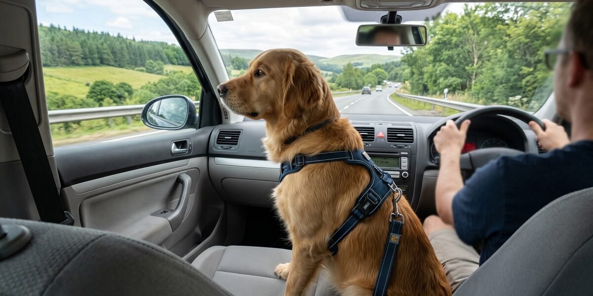 Golden Retriever in harness sitting in car passenger seat