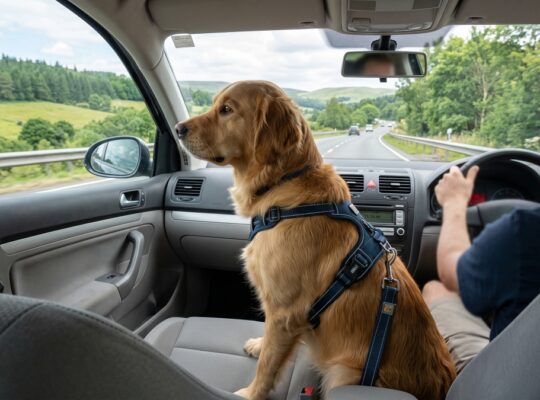 Golden Retriever in harness sitting in car passenger seat