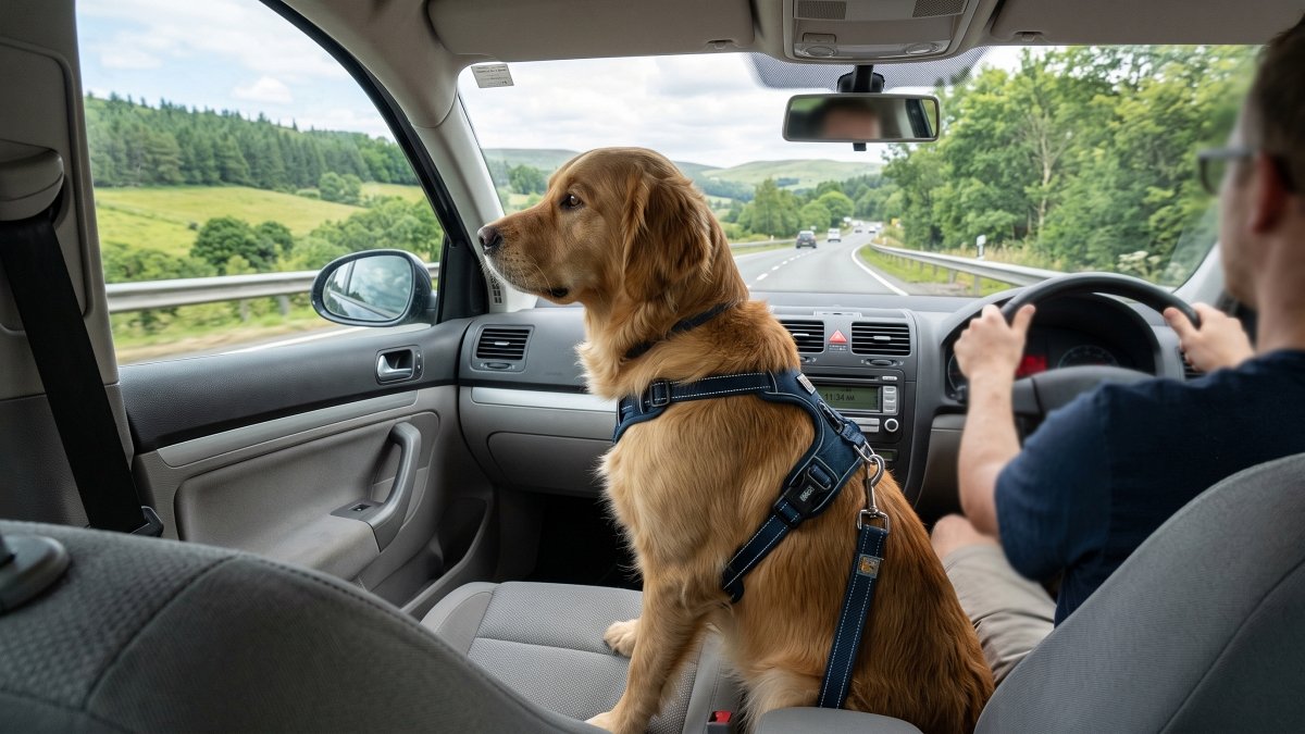 Golden Retriever in harness sitting in car passenger seat