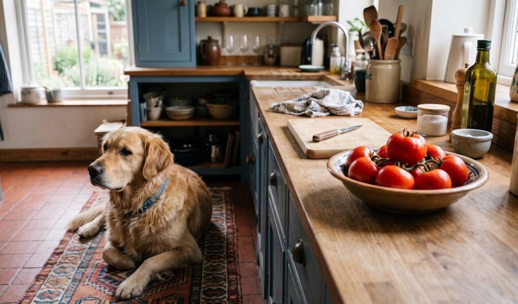 Golden Retriever lying on a rug in a rustic kitchen next to fresh tomatoes