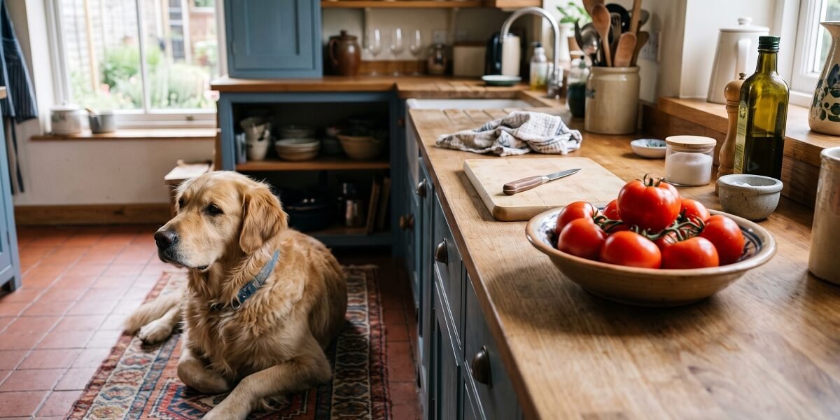 Golden Retriever lying on a rug in a rustic kitchen next to fresh tomatoes