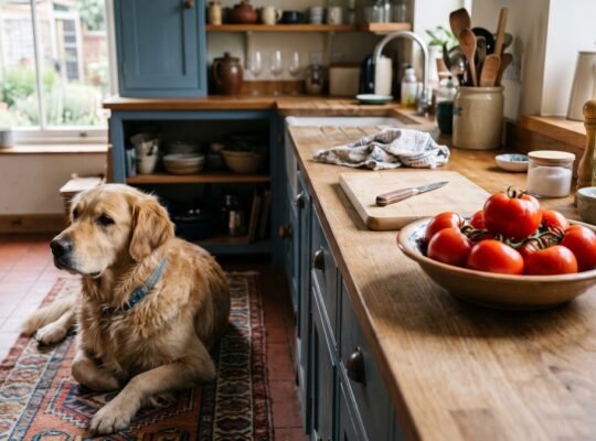 Golden Retriever lying on a rug in a rustic kitchen next to fresh tomatoes
