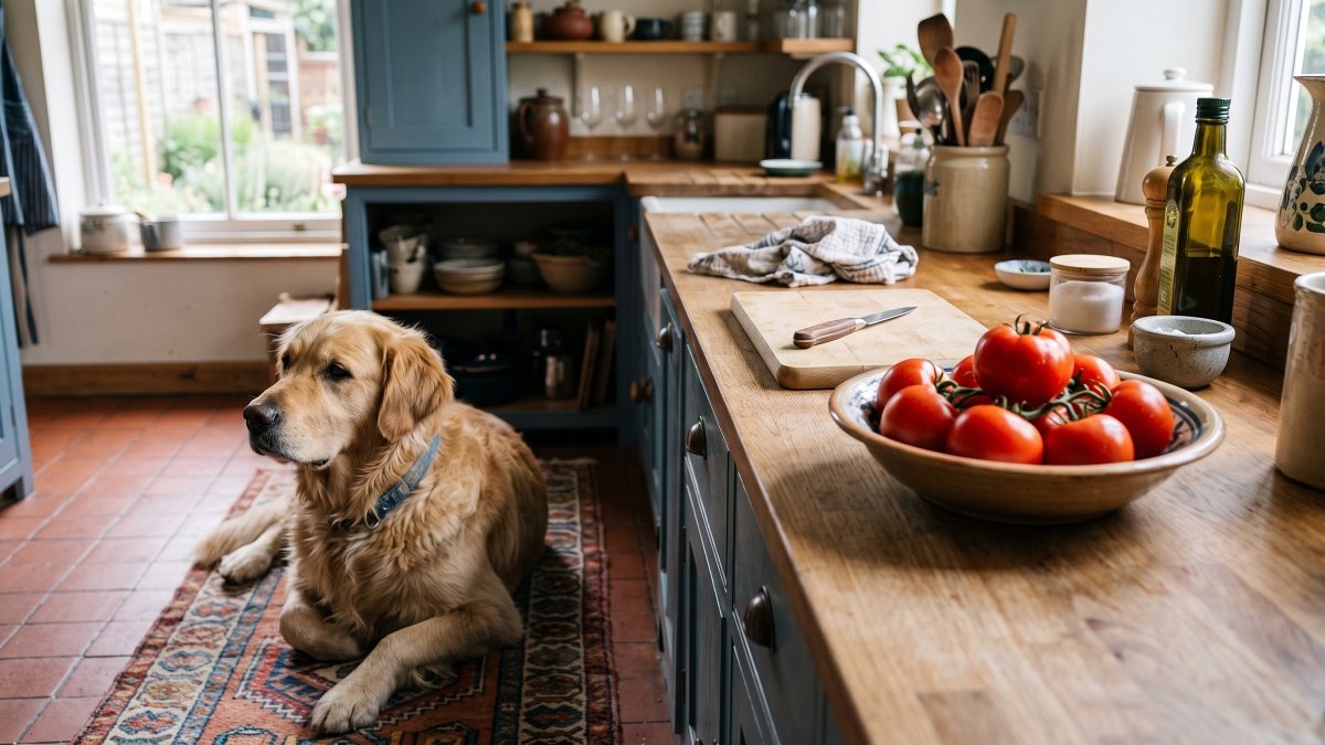 Golden Retriever lying on a rug in a rustic kitchen next to fresh tomatoes