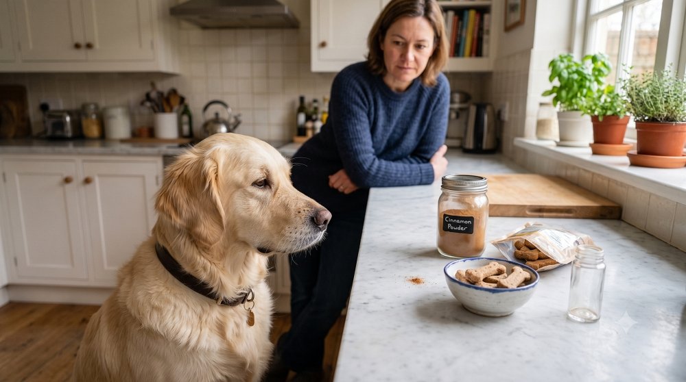 Golden Retriever near cinnamon powder and bone treats on a kitchen counter