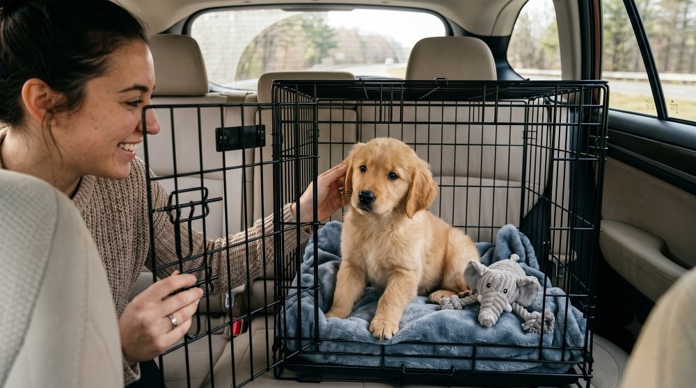 Golden Retriever puppy inside a crate in car trunk