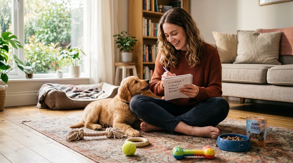 Golden Retriever puppy looking at owner writing puppy names on a notepad