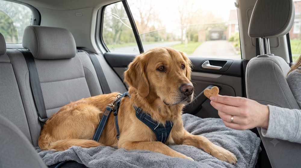 Golden Retriever receiving a treat on car back seat