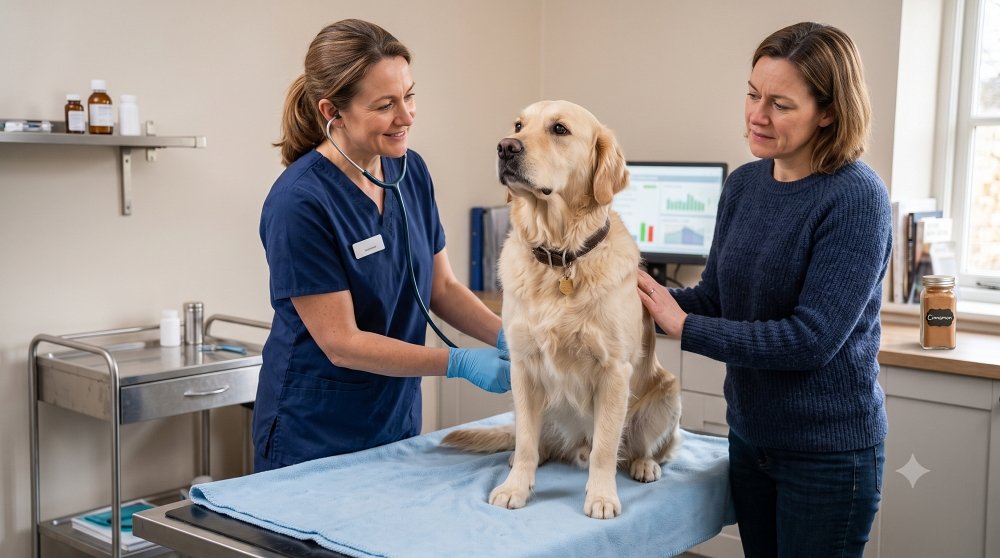 Golden Retriever undergoing routine health checkup at a veterinary clinic