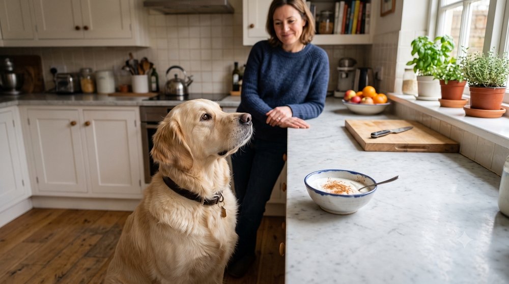 Golden Retriever waiting for a bowl of dog-safe food sprinkled with cinnamon