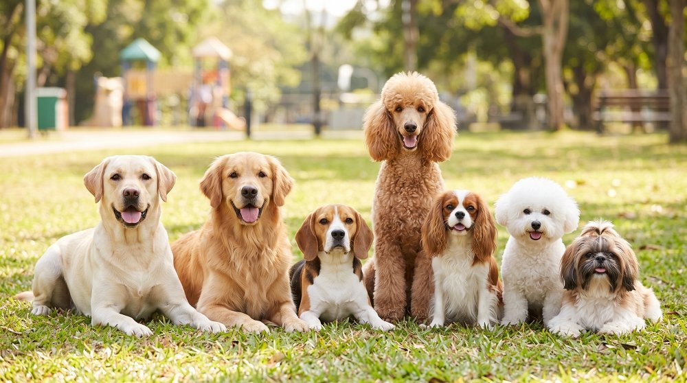 Group of diverse dog breeds sitting side by side on grass at a park