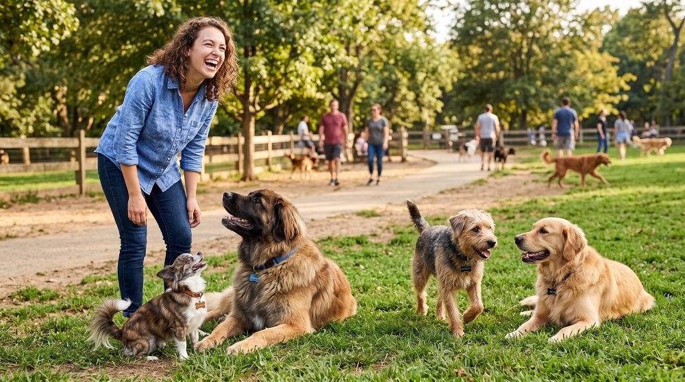 Group of happy dogs with owner at an outdoor dog park