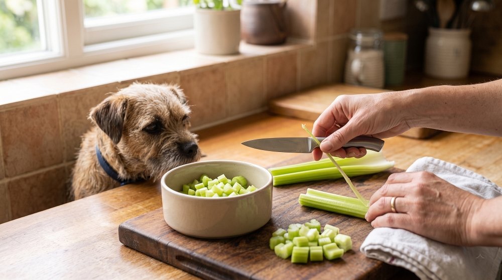 Hands chopping and destringing fresh celery into small pieces next to a waiting dog