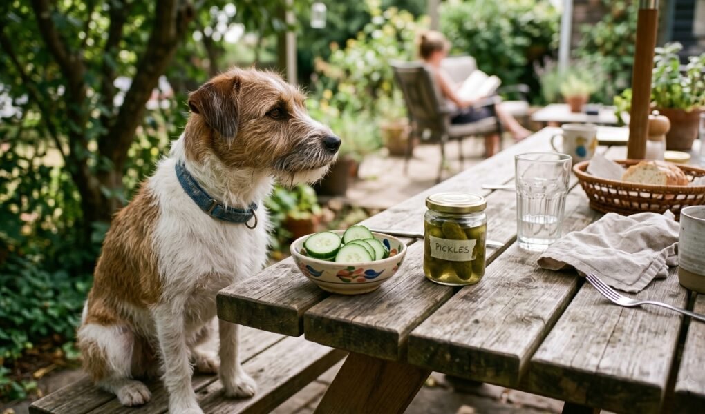 Jack Russell terrier at outdoor table next to cucumbers and pickle jar