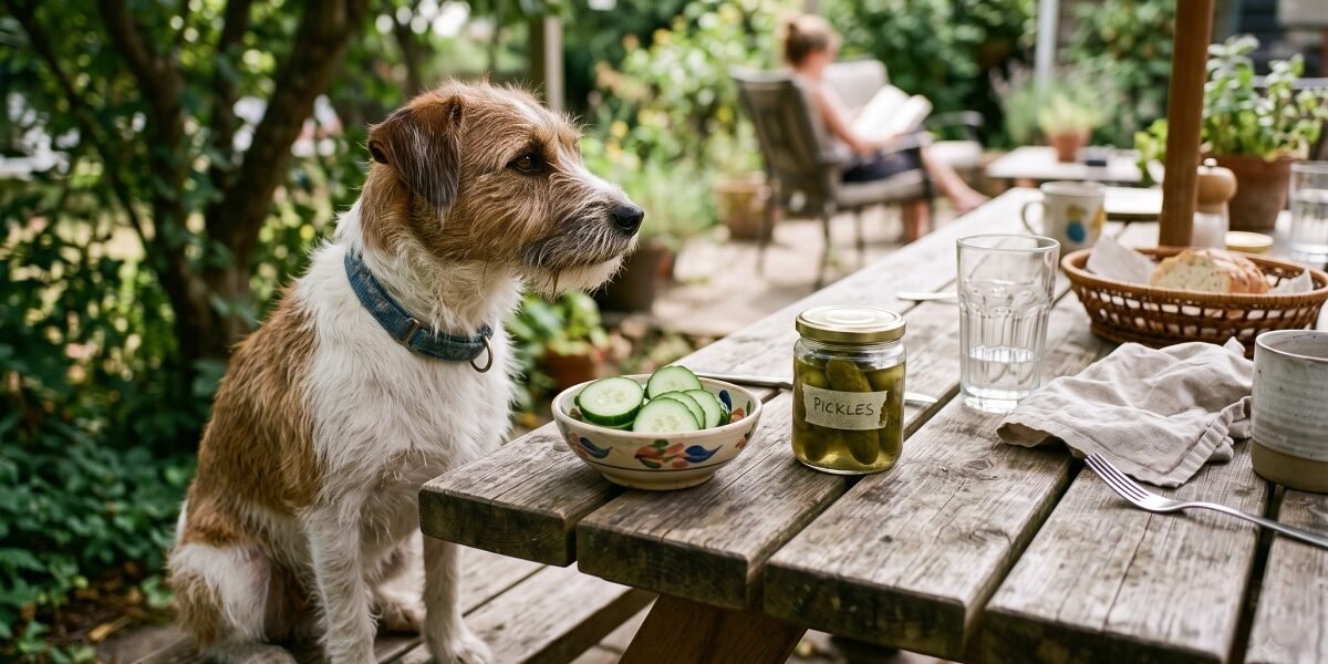 Jack Russell terrier at outdoor table next to cucumbers and pickle jar