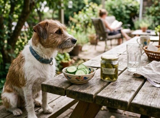 Jack Russell terrier at outdoor table next to cucumbers and pickle jar