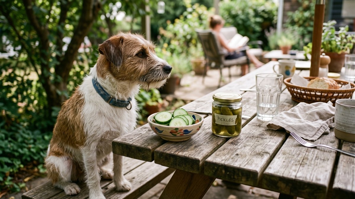 Jack Russell terrier at outdoor table next to cucumbers and pickle jar