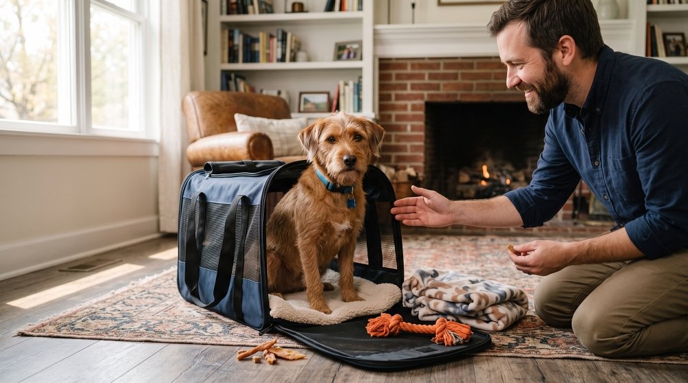 Man crate training a scruffy dog inside a soft-sided travel carrier at home