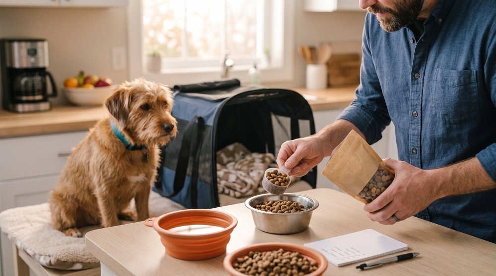 Man scooping dog food into a bowl next to a travel carrier and dog