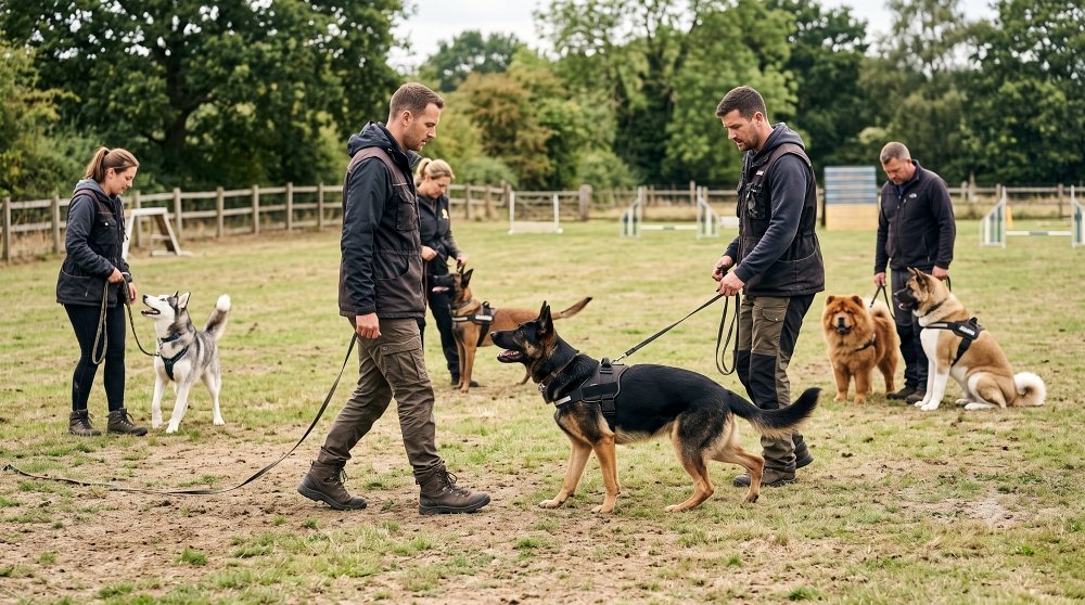 People training dogs on leashes at an outdoor obedience class