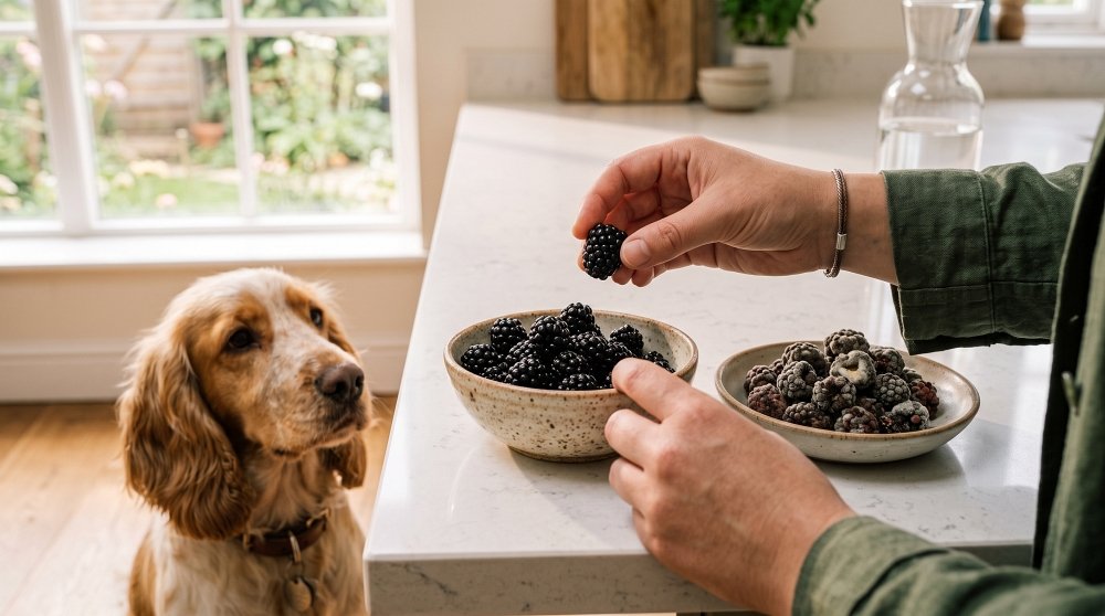 Person holding a fresh blackberry near a bowl of frozen berries with a dog watching