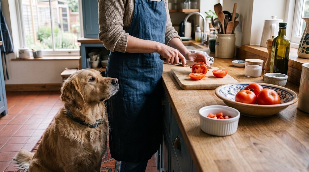Person in an apron slicing tomatoes on a wooden board with a Golden Retriever watching