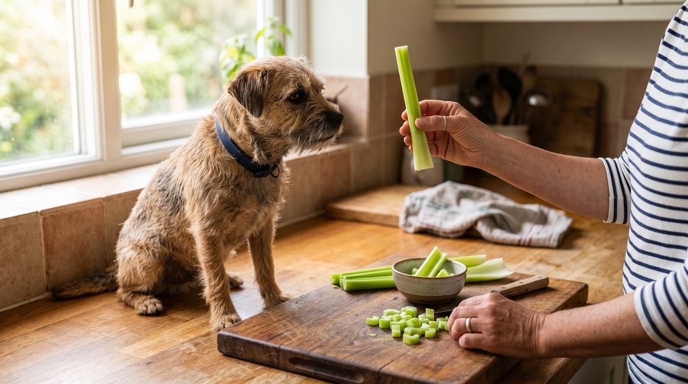 Person offering a fresh celery stick to a small brown terrier on a kitchen counter
