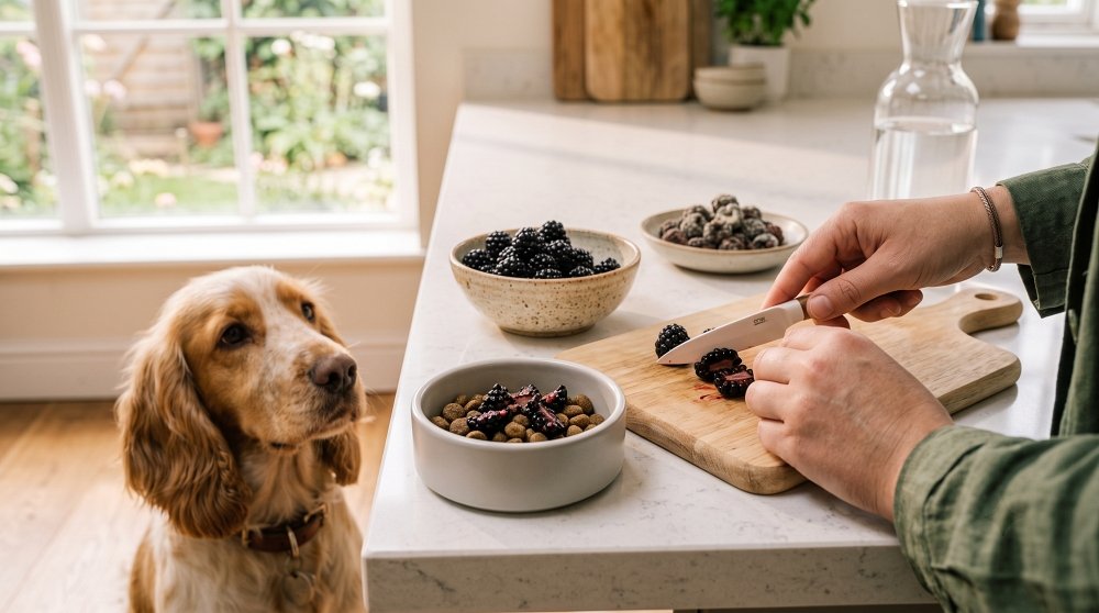 Person slicing fresh blackberries on a wooden cutting board next to a dog food bowl