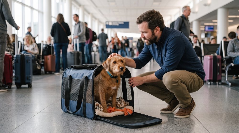 Pet owner comforting his dog in a soft carrier at a busy airport terminal