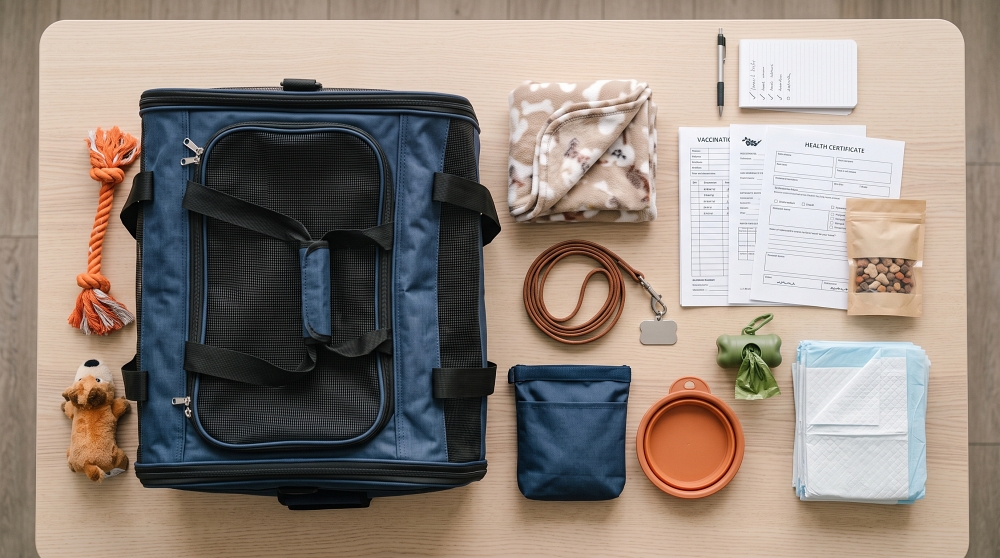 Pet travel essentials flat lay with carrier, health certificate, leash, and supplies