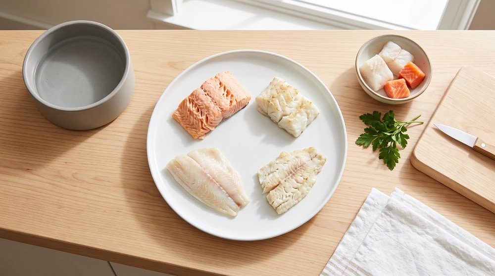Plate of cooked salmon and white fish fillets with diced fish and a dog bowl on a wooden countertop