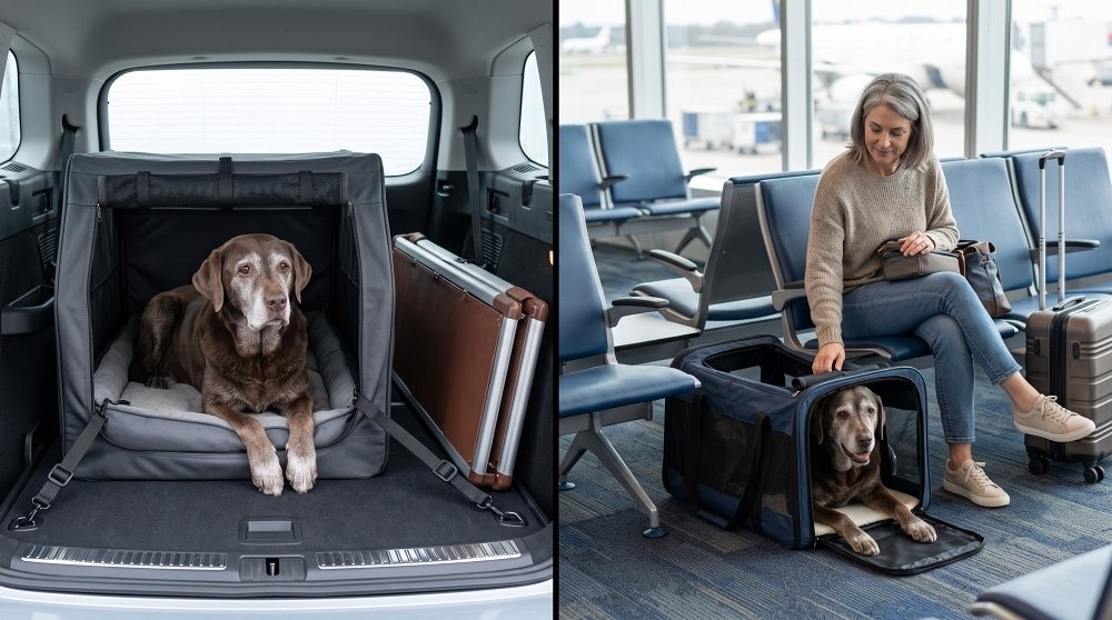 Senior chocolate Labrador in secure car crate and airport travel carrier
