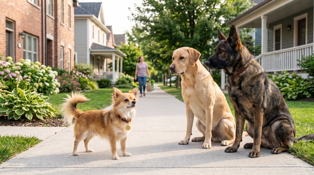 Small Chihuahua standing next to a Labrador and German Shepherd on a sidewalk