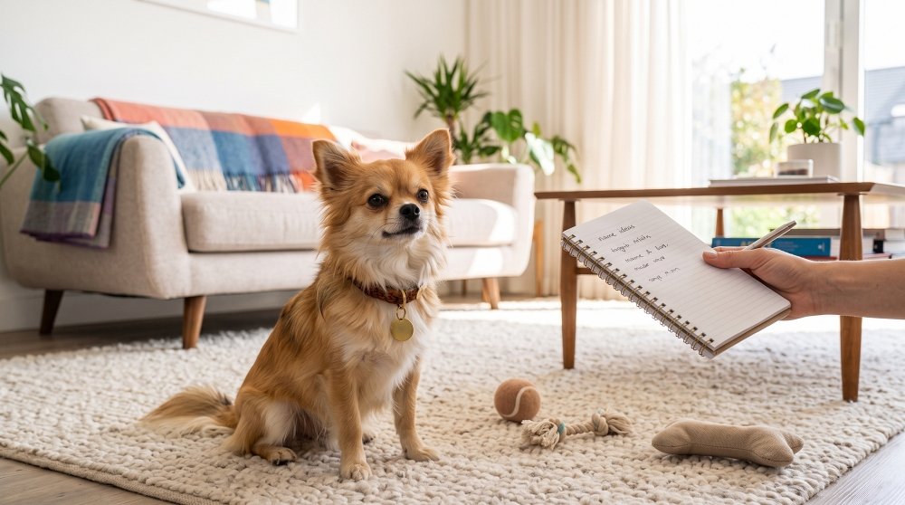 Small brown dog sitting on a rug next to a notepad of name ideas
