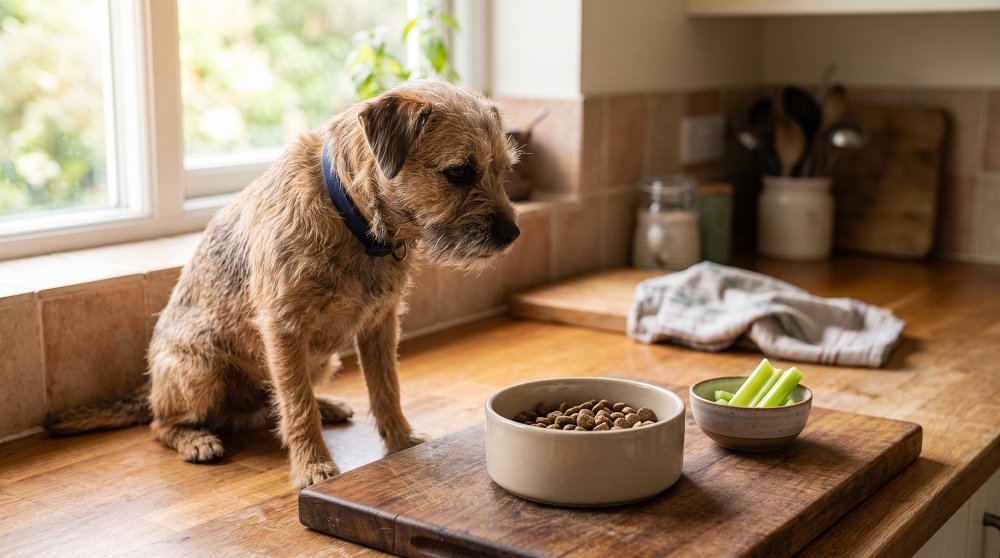 Small terrier dog sitting next to bowls of kibble and sliced celery on a wooden counter