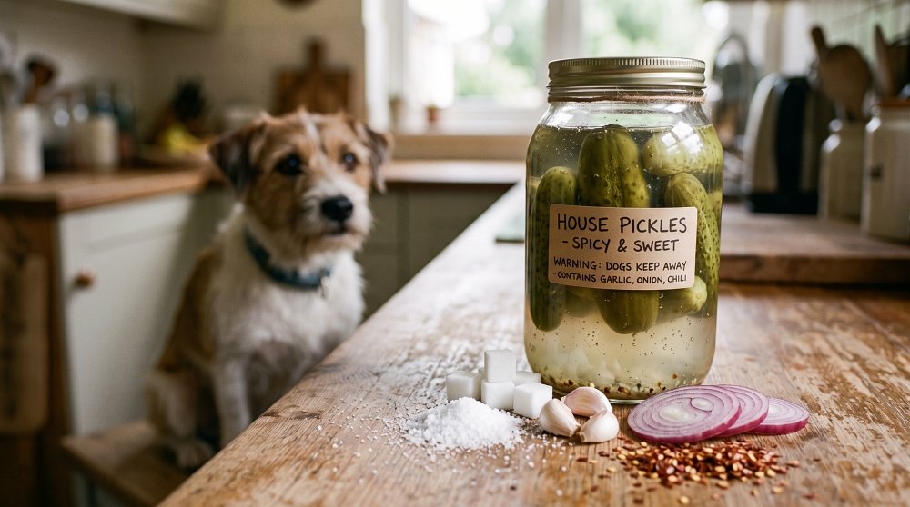 Spicy pickles jar with toxic ingredients for dogs like garlic and onion on kitchen counter