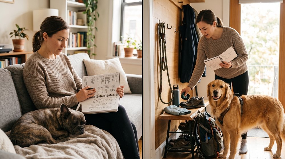 Split image of a woman planning pet routines on a couch and preparing for a dog walk in an entryway