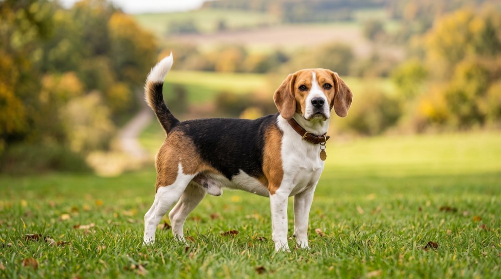 Tri-color Beagle standing on green grass outdoors