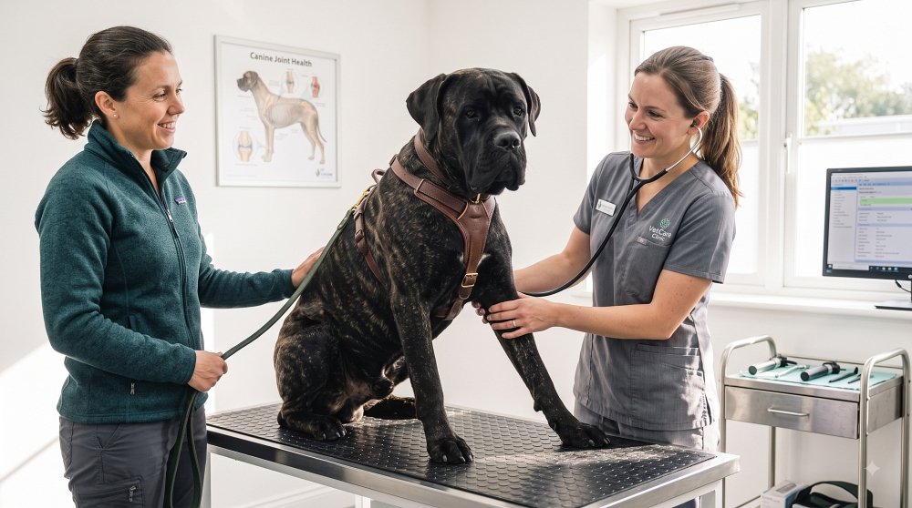 Vet using a stethoscope to check a large brindle mastiff dog at a veterinary clinic