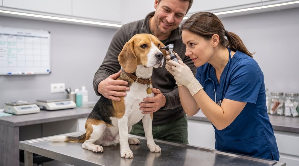 Veterinarian examining Beagle ear with an otoscope