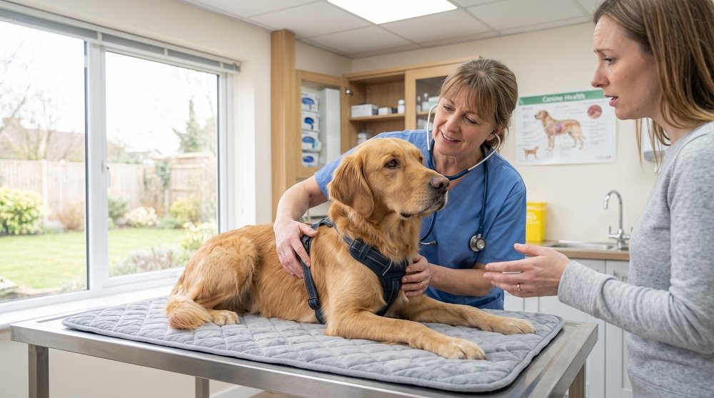 Veterinarian examining Golden Retriever wearing a safety harness