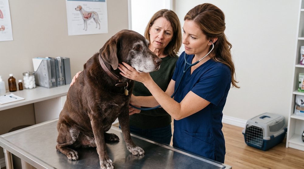Veterinarian using stethoscope to examine senior chocolate Labrador with owner