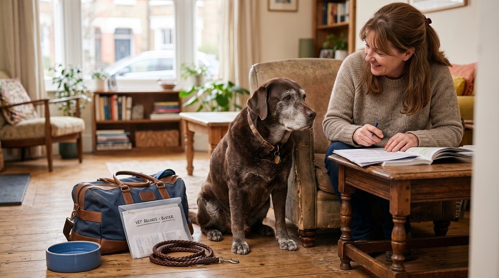 Woman completing pet travel paperwork next to senior chocolate Labrador and luggage