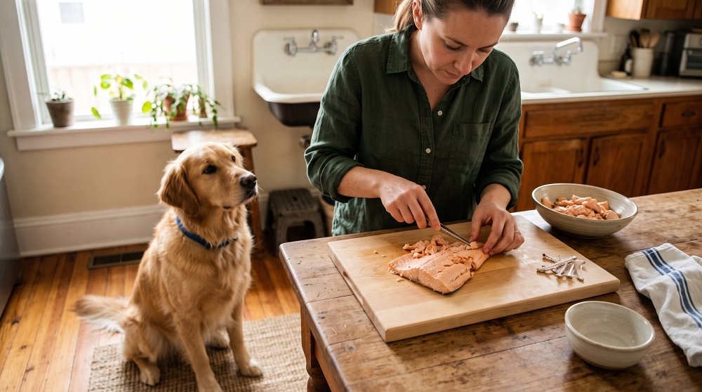 Woman deboning cooked salmon on a cutting board with an attentive Golden Retriever sitting nearby