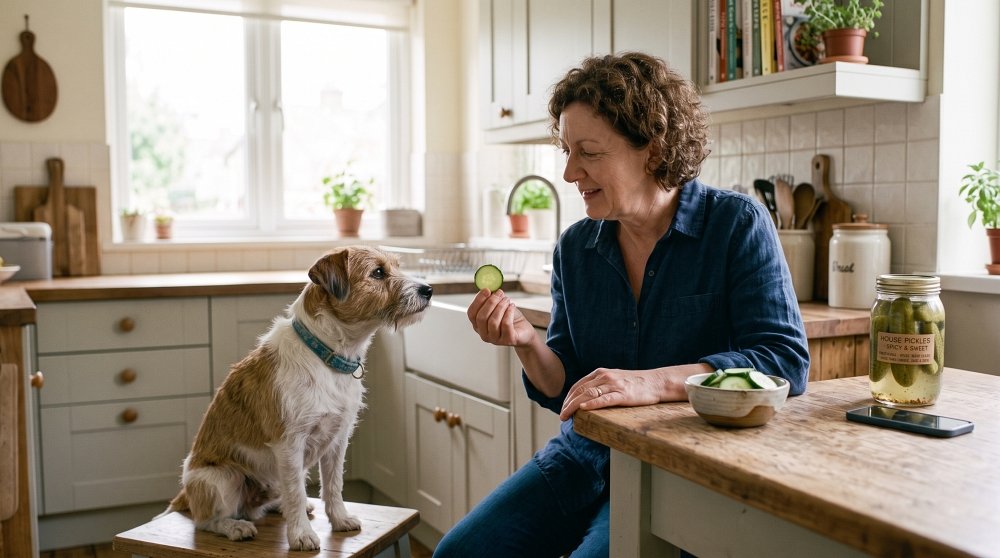 Woman feeding a safe cucumber slice to her dog instead of pickles